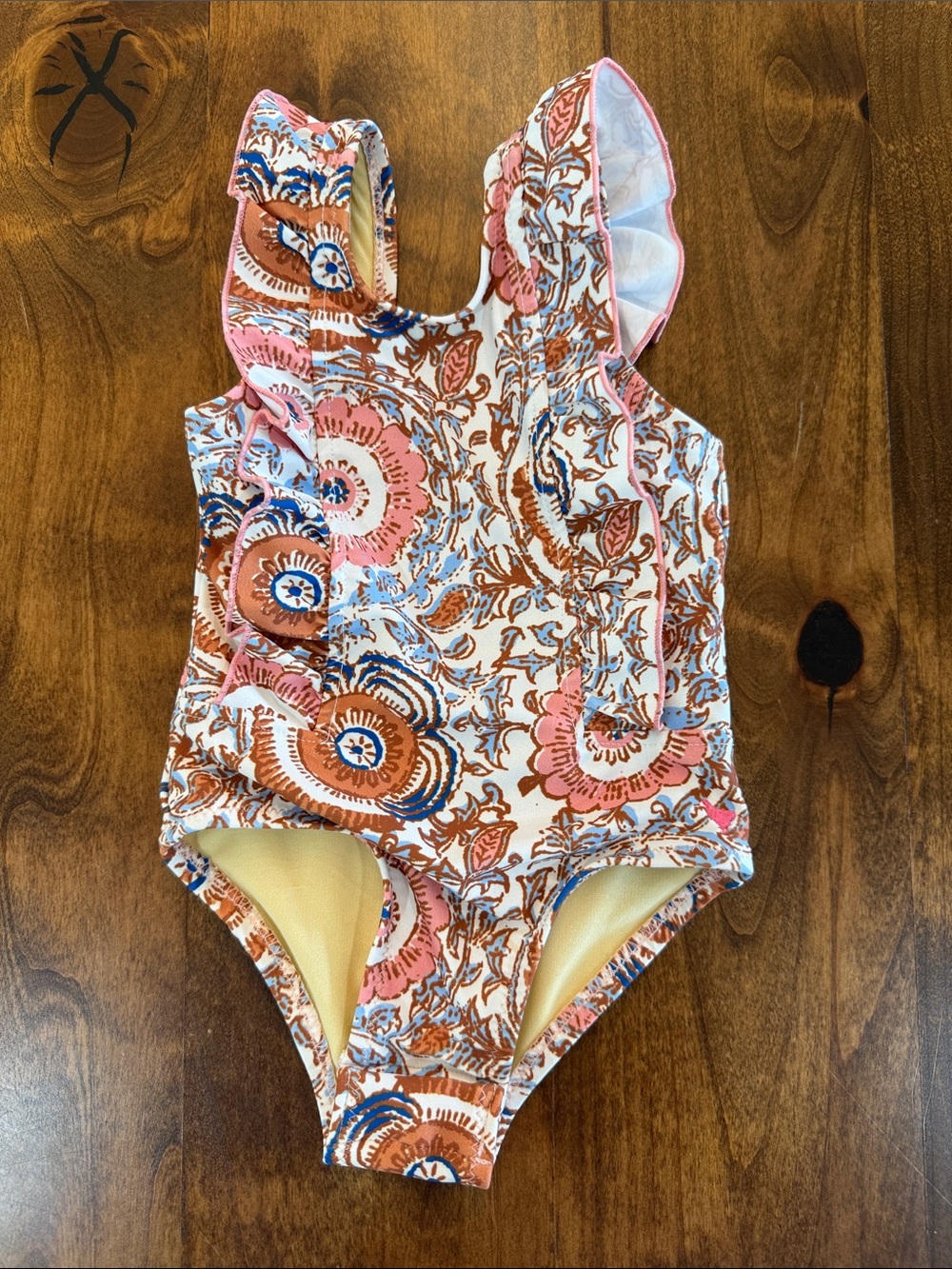 Pink Chicken Floral Ruffle One-Piece Swimsuit - Pink, Blue & Brown